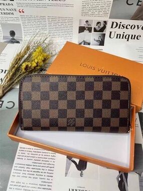 LV Brown Checkered Zipper Wallet in Damier Ebene Canvas